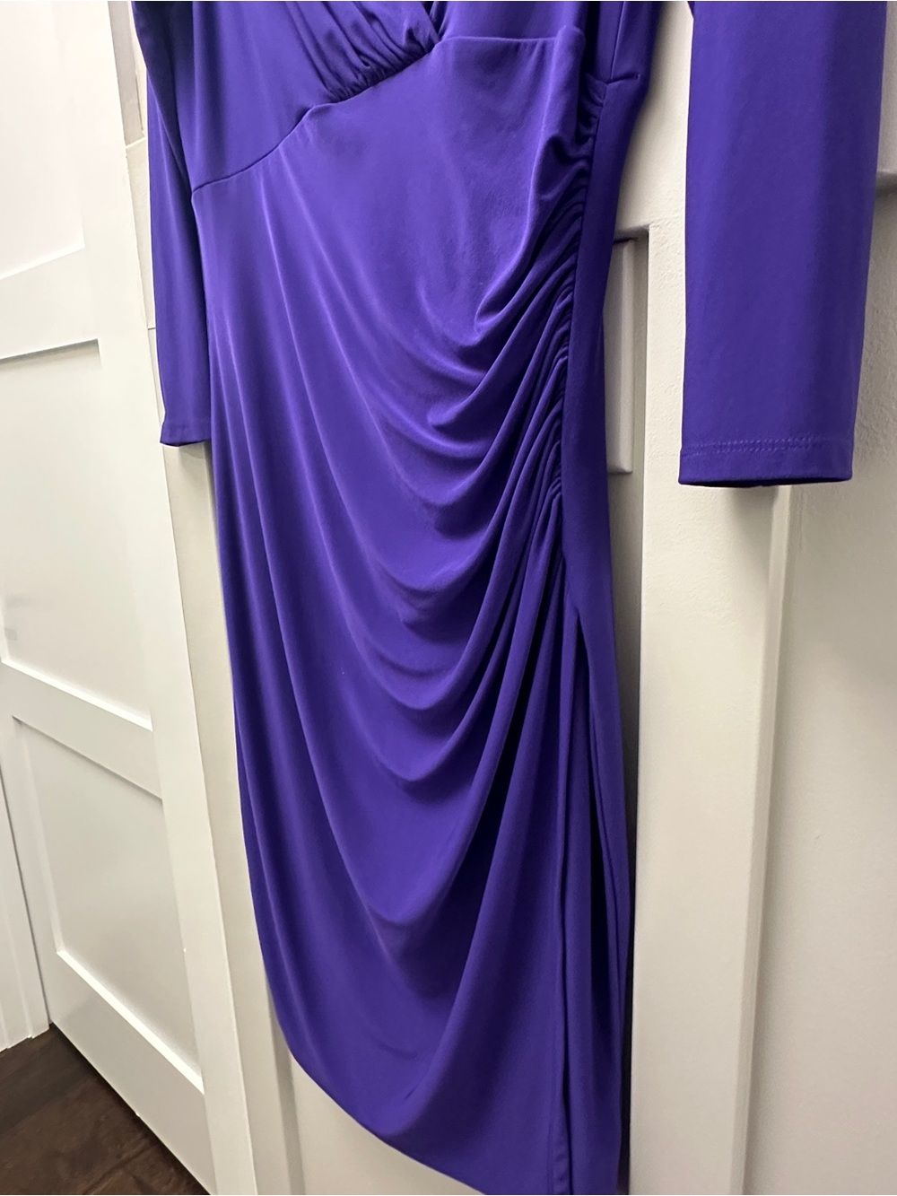 Lauren Ralph Lauren Dress 8 Purple Ruched Draped V Neck 3/4 Sleeve Stretch - Picture 2 of 10